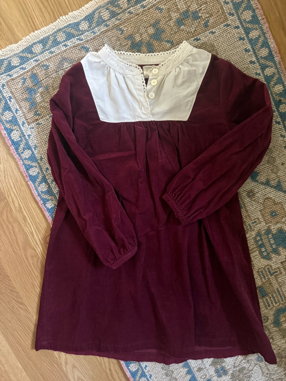 Olive Juice /Corduroy Long-Sleeve Dress in Burgundy with Contrast Yoke